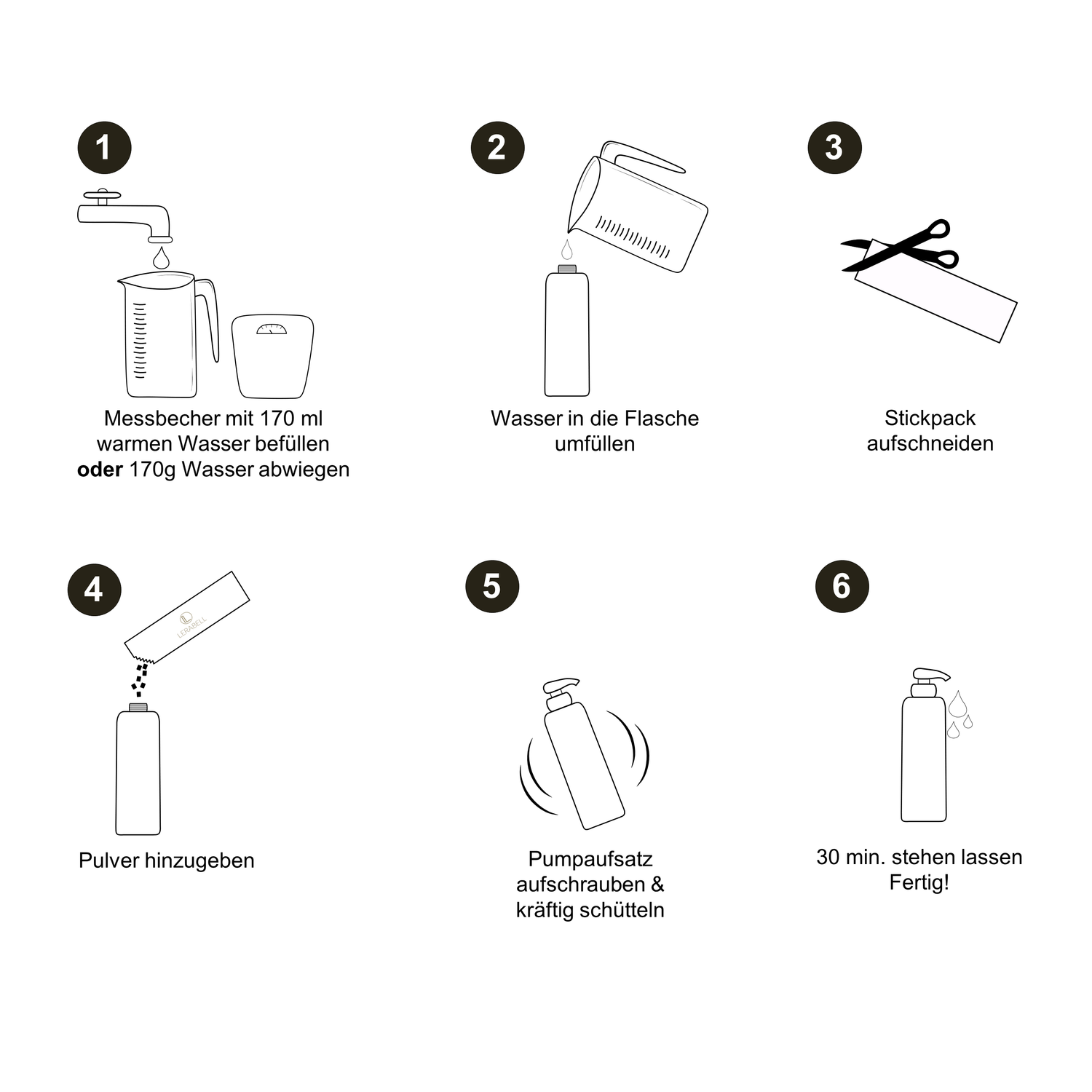Anleitung Anwendung: 1. Messbecher mit 170 ml warmen Wasser oder 170g Wasser abwiegen 2. Wasser in die Flasche umfüllen 3. Stickpack aufschneiden 4. Pulver hinzugeben 5. Pumpaufsatz aufschrauben und kräftig schütteln 6. 30 min. stehen lassen _ Fertig!
