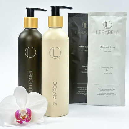 Shampoo und Conditioner Spender von Lerabell, in matt, schön arrangiert, mit Pulvershampoo und Pulverconditioner zum Anmischen